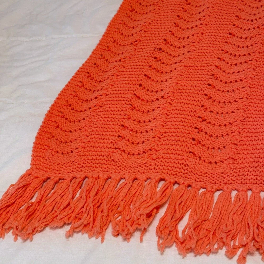 Handmade Crochet Throw Blanket Coral Pink Chevron Fringe 48